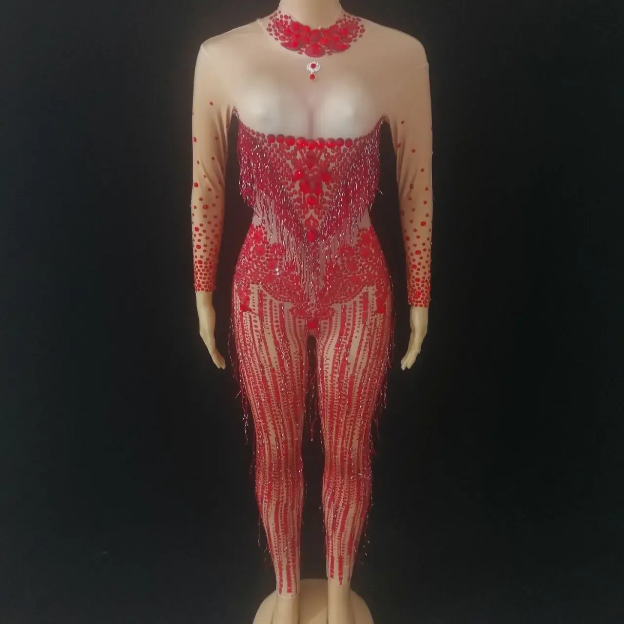 여성 섹시 레드 라인스톤 태슬 점프수트 스트레치 크리스탈 바디수트 바 파티 무대 의상 생일 축하 댄스 의상