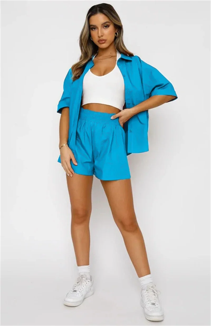 streetwear 2 조각 세트 여성 복장 여름 의류 여성 솔리드 컬러 셔츠 탑과 반바지 세트 캐주얼 tracksuits 2pcs 여성 세트