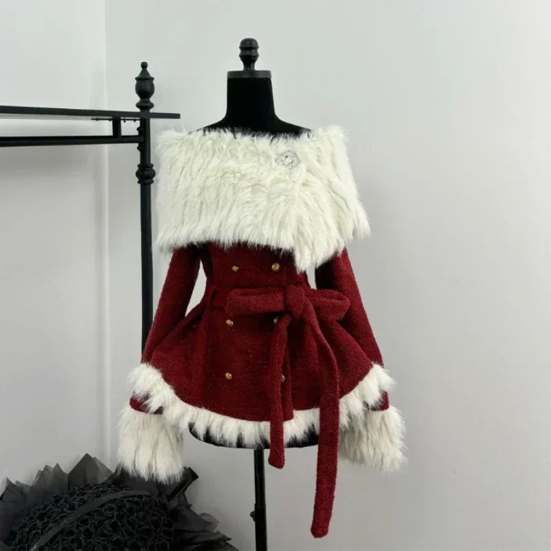 Boże Narodzenie Seksowne Vintage 2-częściowe zestawy Kobieta Zima Off Shoulder Y2k Słodki design Mini spódniczka Garnitur Kobieta Bandaż Retro Szykowne stroje
