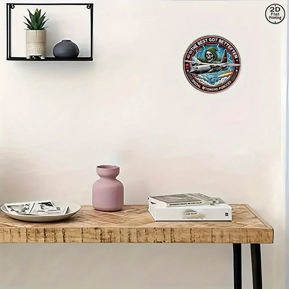 قطعة واحدة من لوحة القصدير المعدنية المستديرة مقاس 8 × 8 عتيقة - تصميم شارة القوات الخاصة مع عمل فني عسكري من Lockheed C-130 Hercules، مسطح ثنائي الأبعاد #6