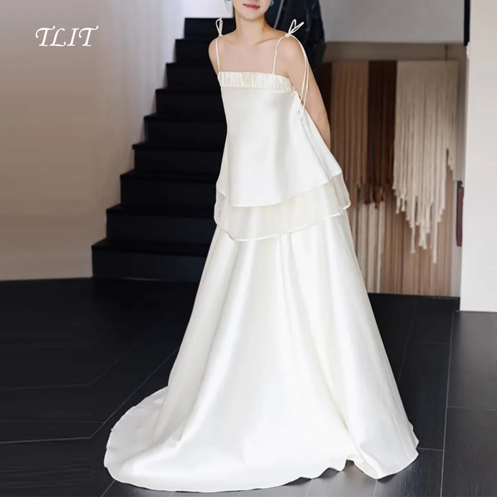 

TLIT Simple White Silk Satin Two-Pieces Evening Dresses Customized Korea Wedding Dresses Photo Shoot Spaghetti Strap Dresses
