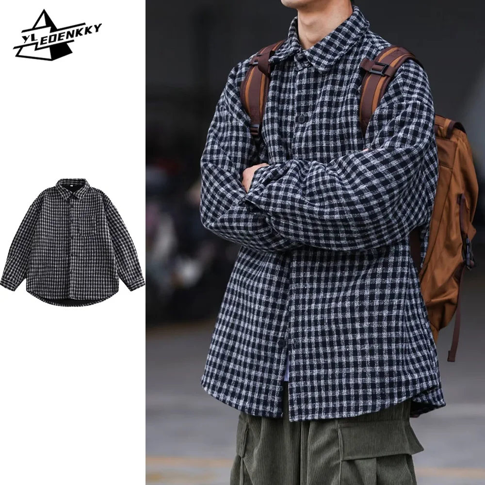 Spring Casual Shirt Men Vintage Check Baggy Long Sleeves Preppy Roll-neck Cargo Tops Japanese INS Oversize Shirt Jacket Unisex