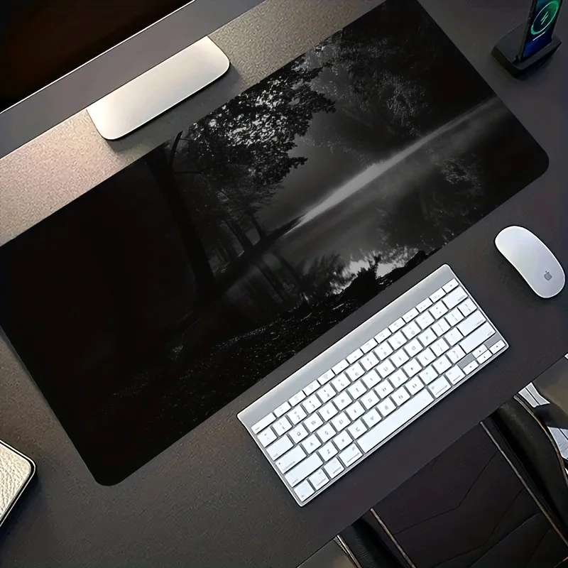 Moody Dark Forest Desk Mat with Lake Reflection, Extended Non-Slip Rubber Gaming Mouse Pad for Computer, Laptop Home Office Use
