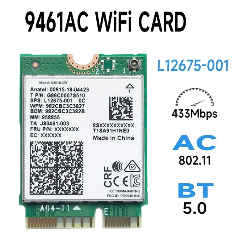 Tarjeta WiFi para Intel 9461NGW, adaptador inalámbrico de doble banda, CA 9461, 2,4G/5G, 802.11AC, M2 Key E, CNVI, Bluetooth 5,0