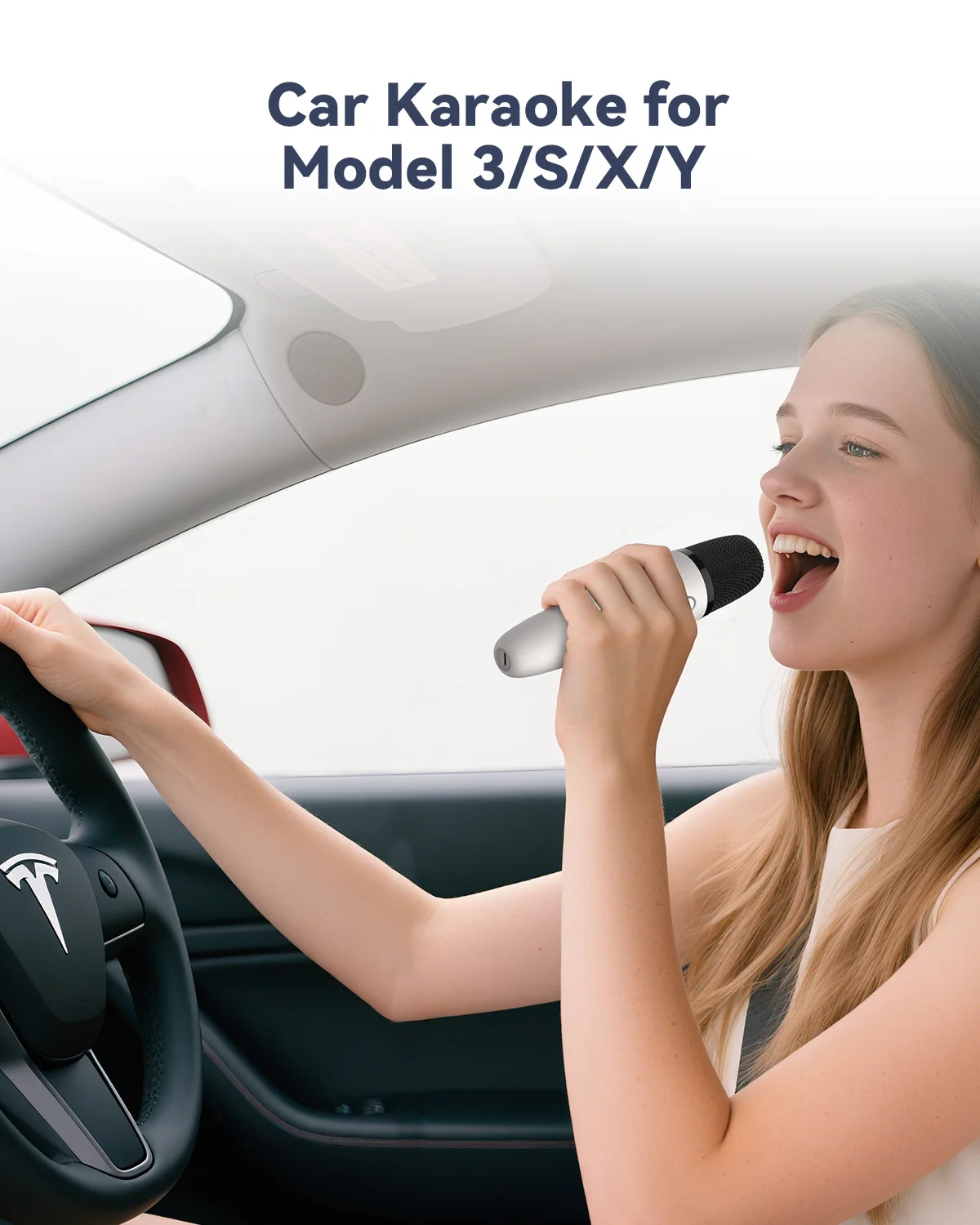 

T1-Car Karaoke Microphone, Mic for Model 3/S/X/Y/Cyber, Rechargeable Caraoke Mic with USB-A & USB-C Receiver, Plug to Use