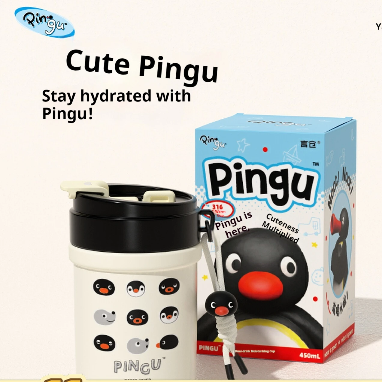

Anime Peripheral Pingu 450ml 630ml Insulated Cup Creative Cute Penguin Double Drinking Straw Couple Water Cup Gilr Birthday Gift