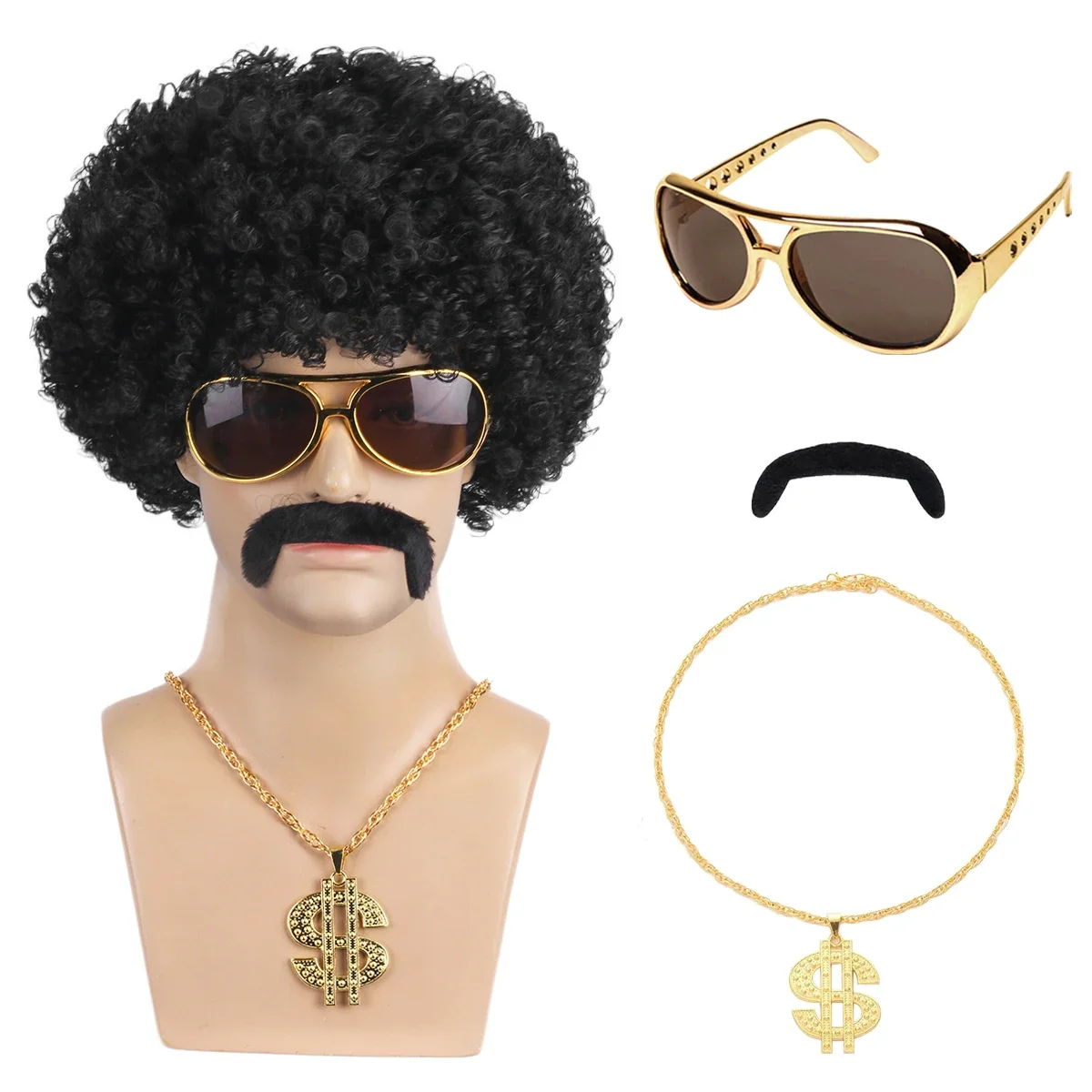 men's natural fluffy short curly African men's synthetic wig 4-piece set {wig+glasses+necklace+beard} 70s 80s disco costume wig