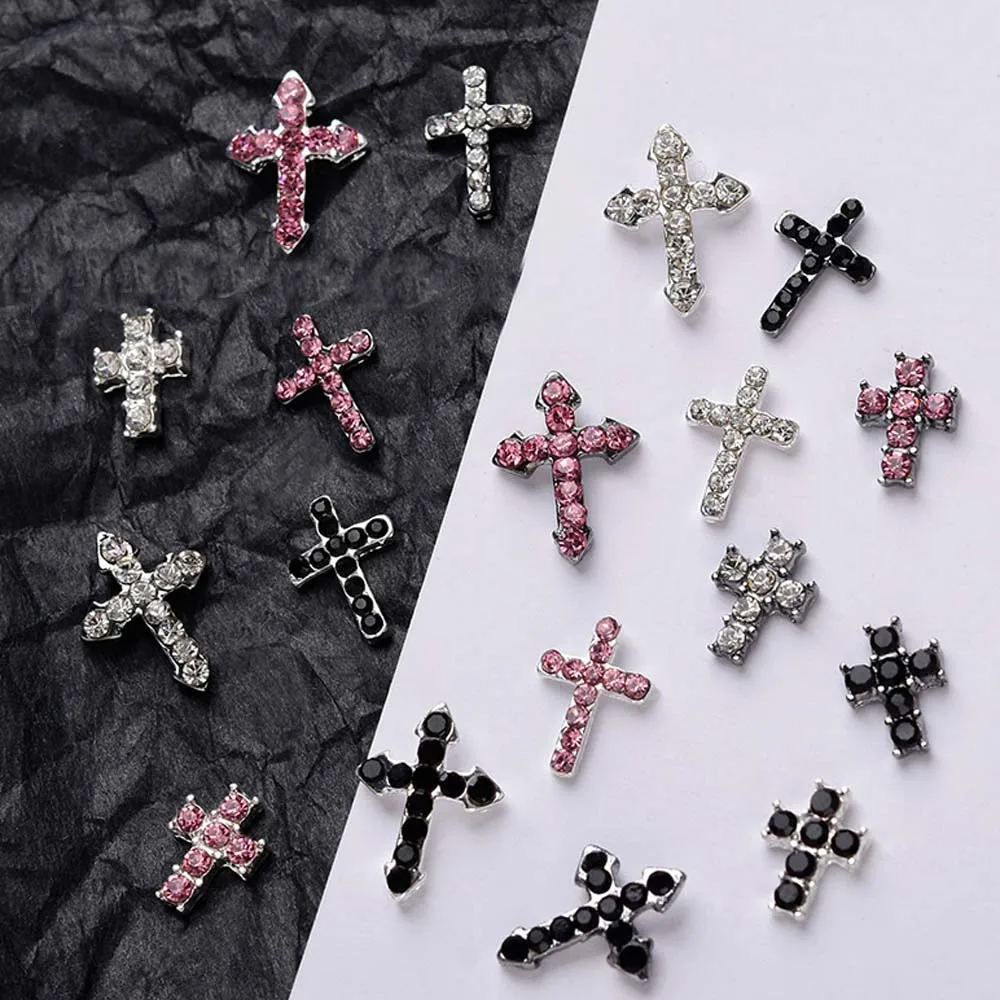 10pcs Glitter Diamond Cross Nail Art Charm 3D Alloy Vintage Punk Crystal Cross Nail Rhinestones DIY Luxury Nail Jewelry Supplies