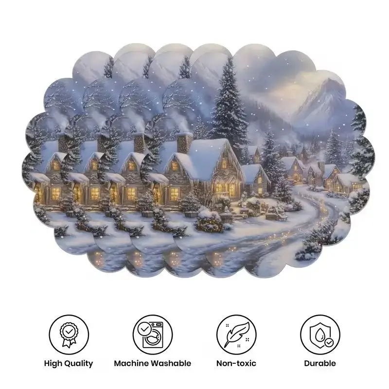 Vintage Winter Snow View Wooden House Christmas Lace Placemat, Wear-Resistant Plate Mat, Home Dining Table Decoration Placemat