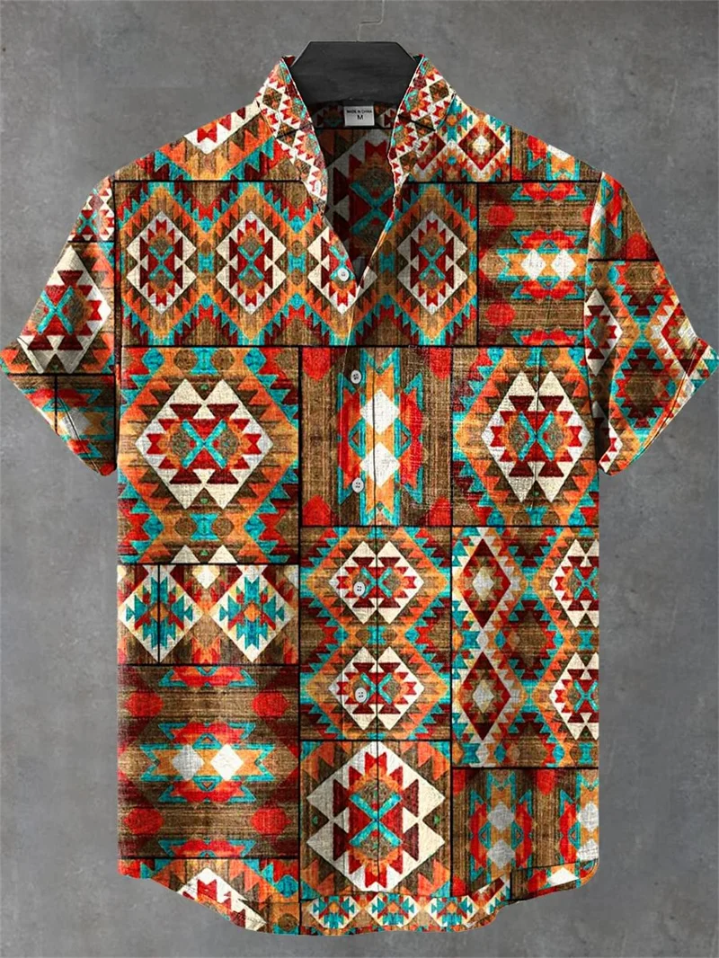 Sommerliches Ethno-Design Casual Top mit Katzenmuster Kurzärmliges Modisches Retro-Herrenhemd – Detail 14