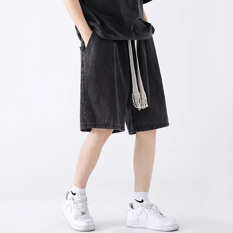 Men Loose Fit Denim Shorts Male Summer Fashion New Casual Straight Leg Five Quarter Pants High Street Wide Leg Baggy Pants