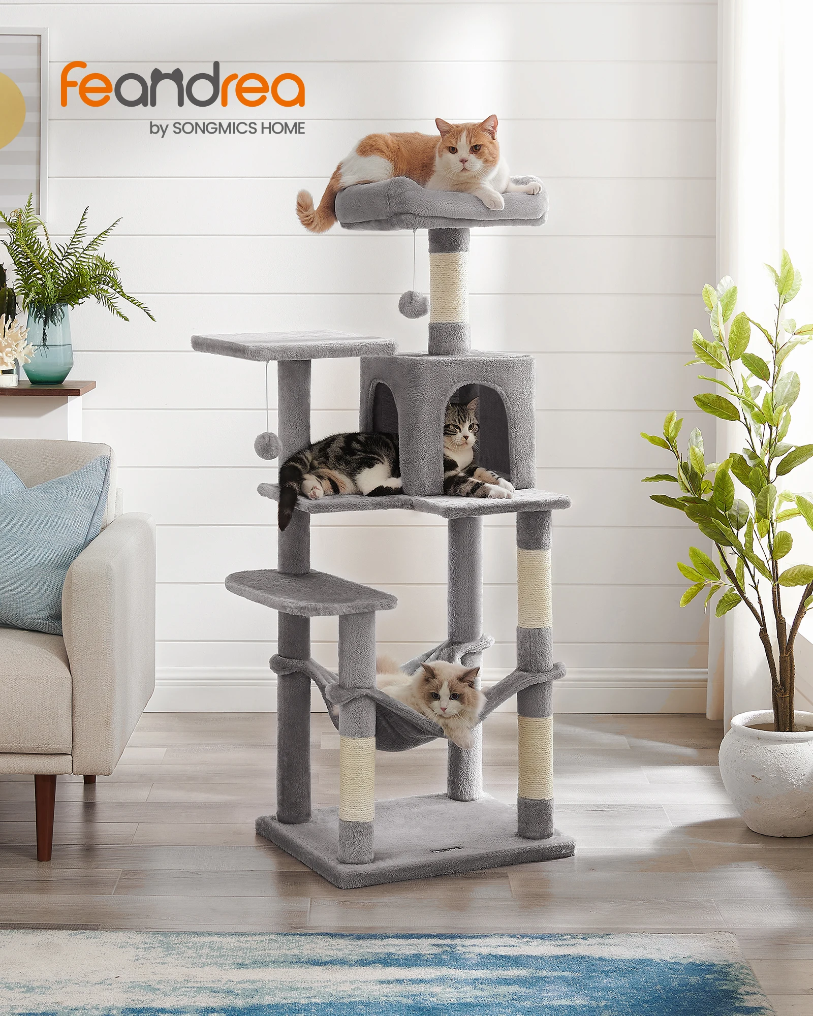 Feandrea Cat Tree, 56.3-Inch Cat Tower for Indoor Cats, Multi-Level Cat Condo with 4 Scratching Posts, 2 Perches, Hammock, Cave