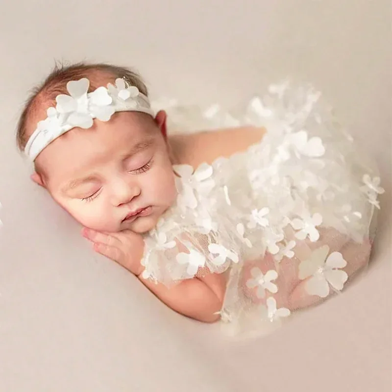 Conjunto de 2 piezas de fotografía para recién nacido, trajes de fotografía para niña, pelele con flores bordadas, diadema, ropa para sesión de fotos de niña