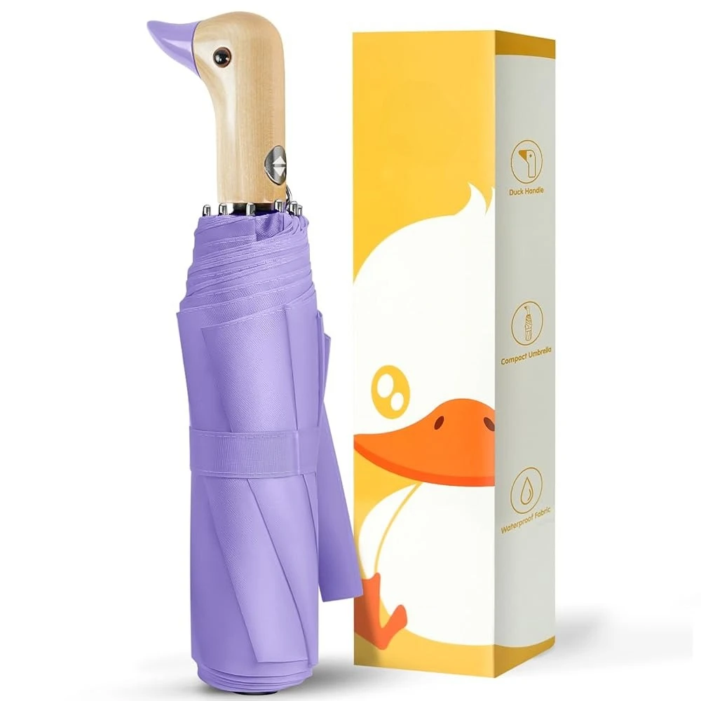 

Duck Handle Umbrella Automatic - Collapsible Portable Compact Umbrella Travel Size Wooden Cute Duckhead Umbrellas Duck Gifts