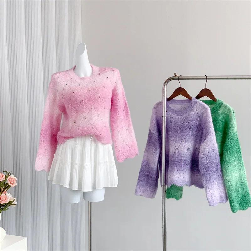 

Casual Mohair Gradient Heavy Industry Nail Beaded Sweater Women 2024 Fall New Lazy Loose Crew-Neck Sweater Chic Tops 2000s Retro