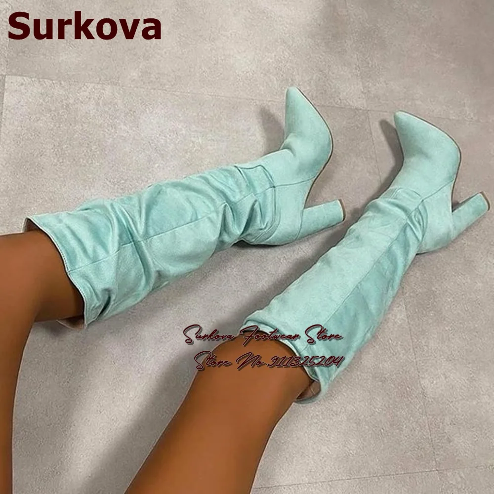 

Surkova Mint Green Suede Knee High Boots Chunky Heel Pointed Toe Folded Tall Boots Women Pleated Dress Shoes Size46 Dropship