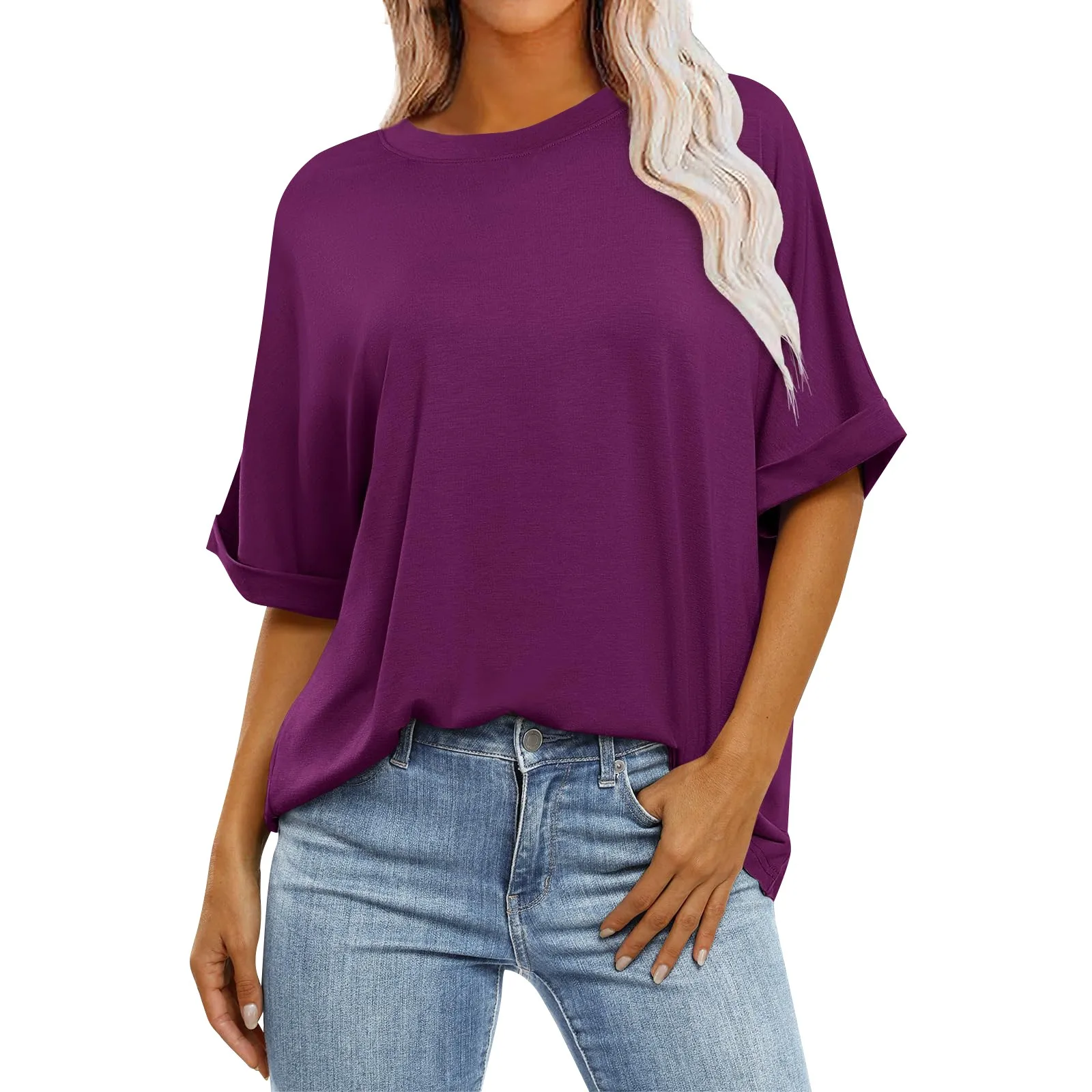 Girls’ Large Size Loose Solid Color Classic Style Round Neck Three Quarter Sleeved T-shirt Top Ice Silk And Comfortable T-shirt