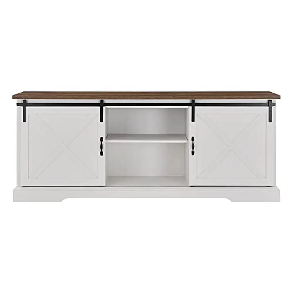 Rústico deslizante celeiro porta TV Stand, prateleiras ajustáveis, recesso madeira, branco, 80"