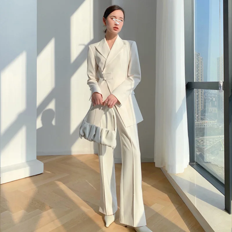 Spring New Arrival Korean Design Long Sleeved Suits for Women New Chinese Plate Buckle Long Blazer Pants Blazer Sets Y3944