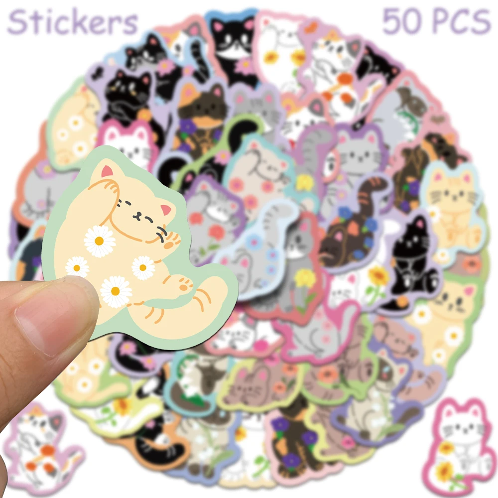 50pcs การ์ตูนแมวน่ารักสติ๊กเกอร์สําหรับแล็ปท็อปสมุดภาพกระเป๋าเดินทางกีตาร์หมวกกันน็อก DIY Graffiti ความงามสติกเกอร์ของขวัญสร้างสรรค์