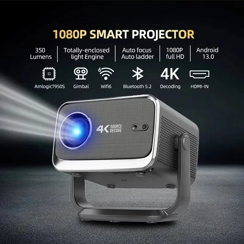 4K 350Lms 1080P Full HD Projector Auto Focus Lens LCD Lamp Android 13 Airplay Features Portable Home Theater Use