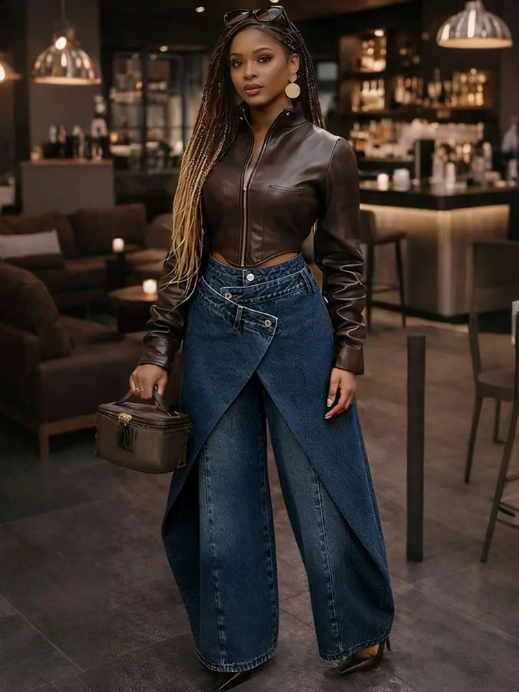 Doyerl Streetwear Denim Jeans Woman Pants and Trousers Vintage Criss Cross Button High Waist Loose Wide Leg Pants Pantalon Femme
