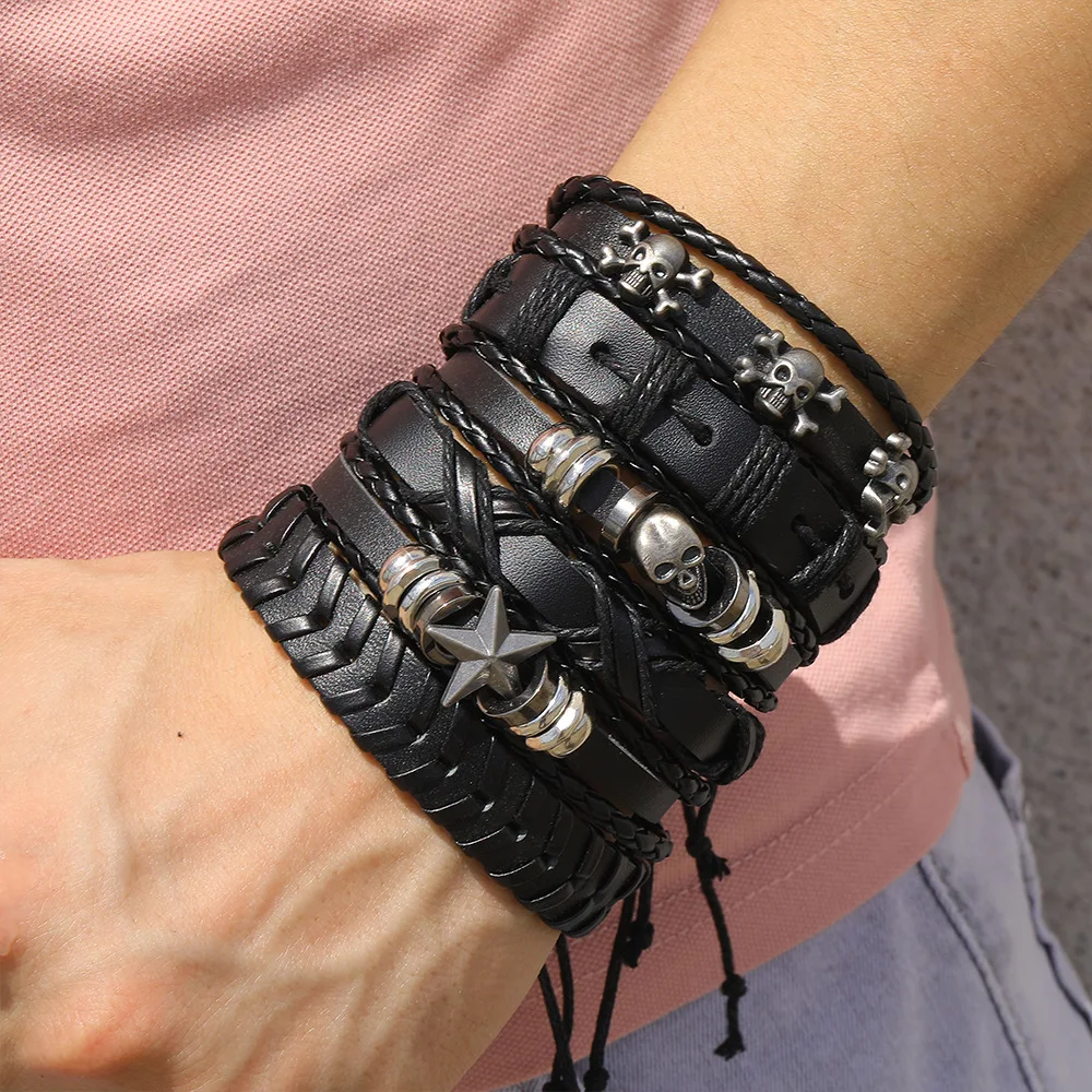 Fashion Bracelet Viking  Bracelet For Men Hand Bracelets Woven Skull Hand Jewelry Adjustable Leather Set viking man bracelet