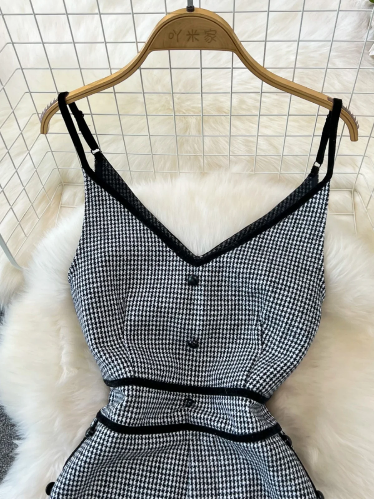 

Faionable Ele Cheed Tweed Wide Leg Pant Suit High Waist Slimming Straight Closet V Ne Overall Skintightonepiecepants
