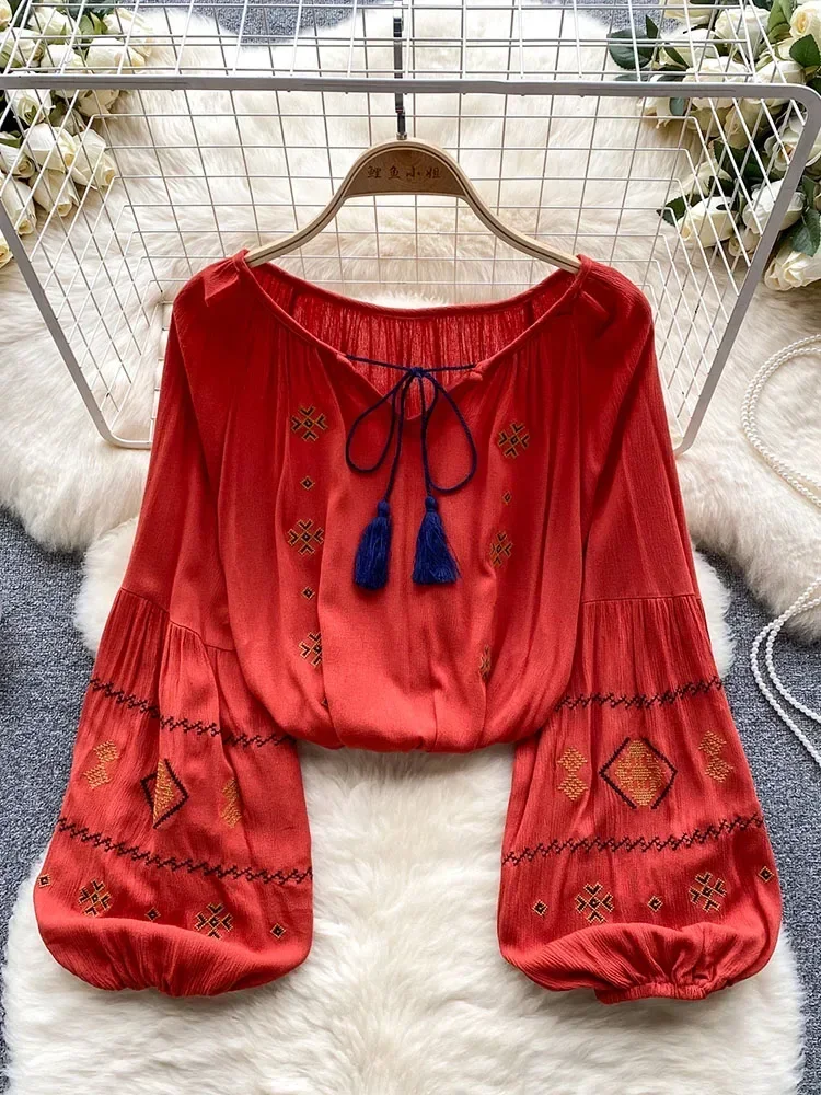 Women Spring Autumn Blouse Leisure Time Retro Ethnic Style Bubble Sleeved Shirt with Strap Design Niche Style Top D5328