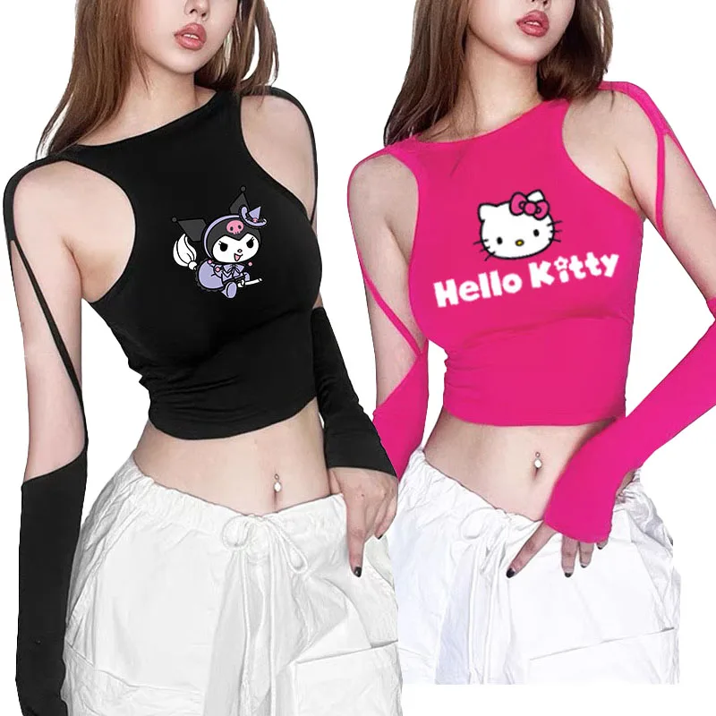 Cartoon Anime Kuromi Hellokittys Cute Printed Nude Long Sleeves Hollow Design Skin-Friendly Fabric with Breast Pad for Girls