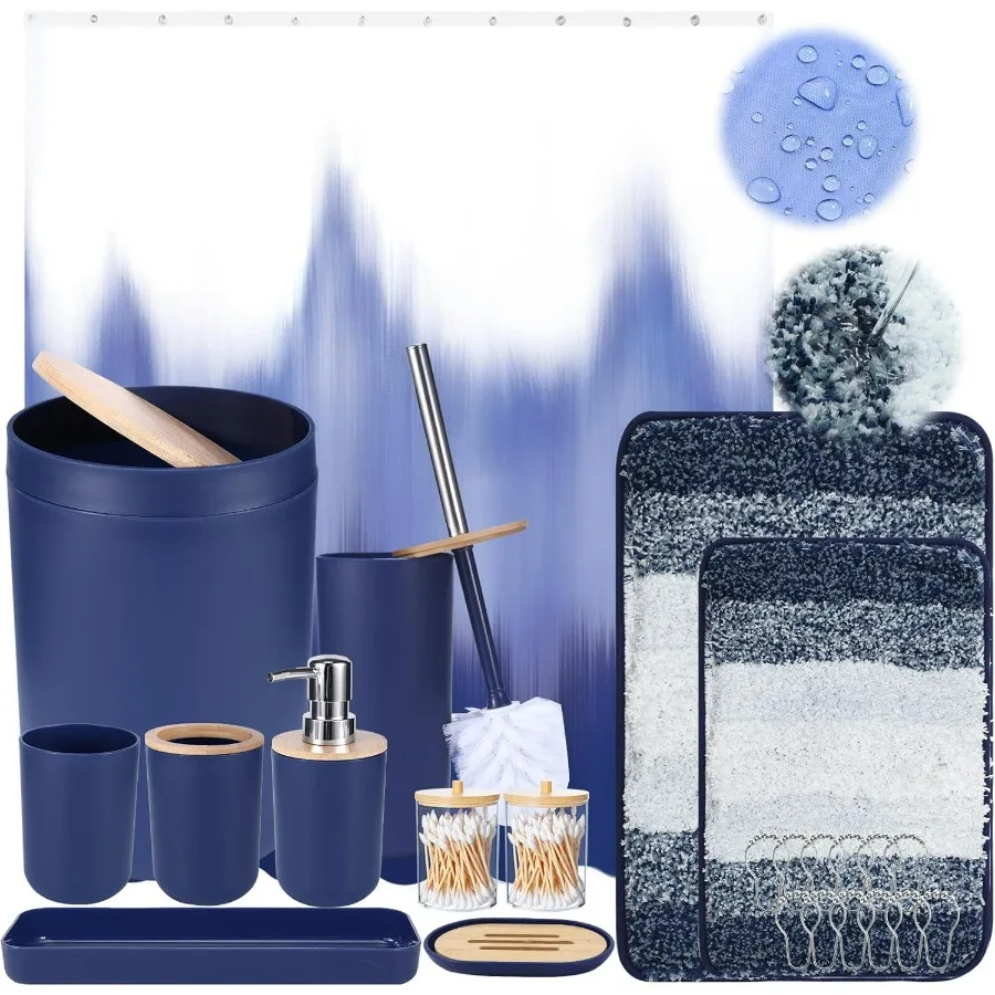 Accessori da bagno Set da bagno blu navy con tenda da doccia e tappeto, tenda da doccia impermeabile Ombre blu navy con Ultra A