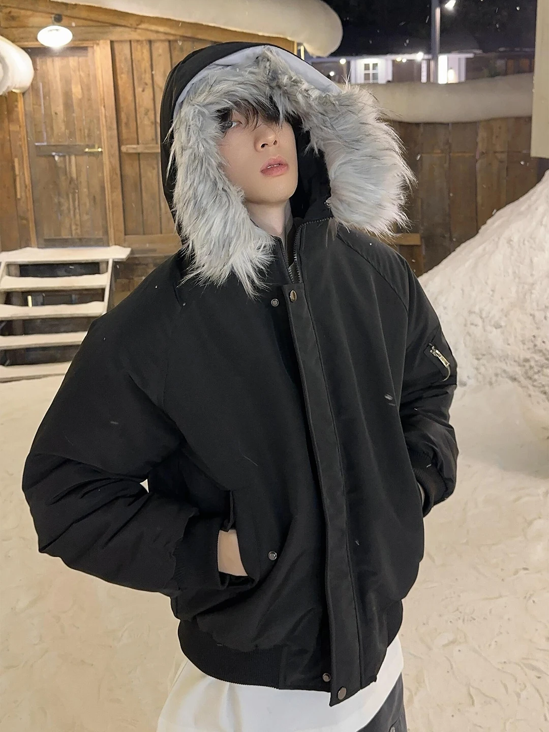 

Bla Hooded Thiened Cotton Jaet with Fur Collar for Men And Women Warm Couple's Parka Coat Youthful Casual Winter Outerwear