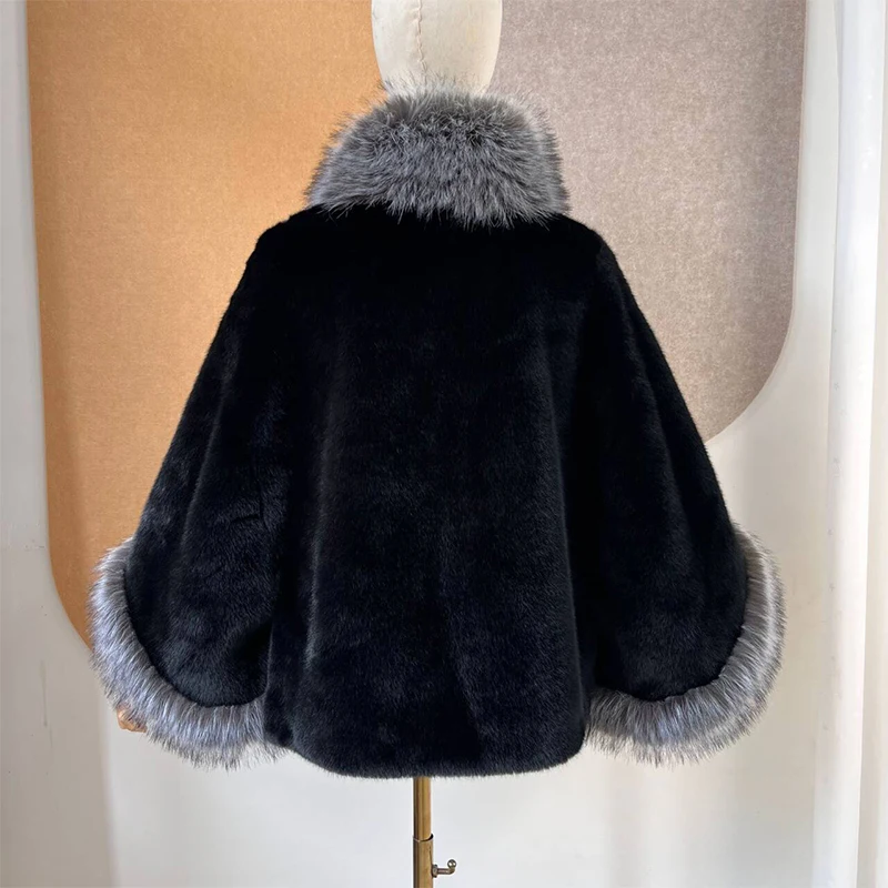 New  Winter Fake Mink Fur Shawl Coat With Fake Silver Fox Fur Collar Thick Warm Women\'s Fashion Luxury Female Jacket Cape