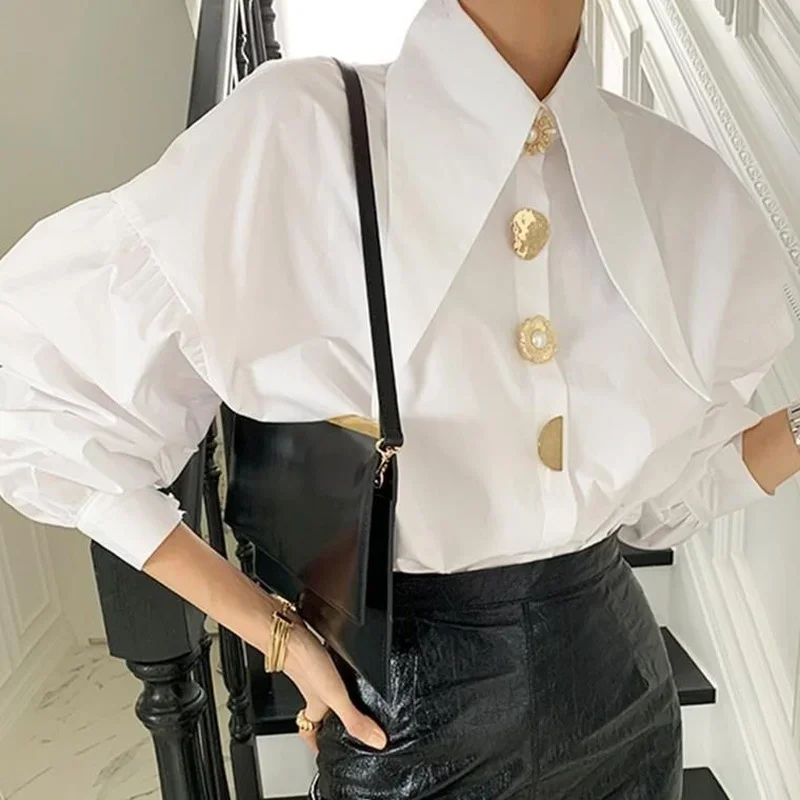 Comfort Women\'s Shirts Sharp Corner Lapel Fashion Lady Blouses Korean Style White All-match Long-sleeved Tops 2022 Autumn