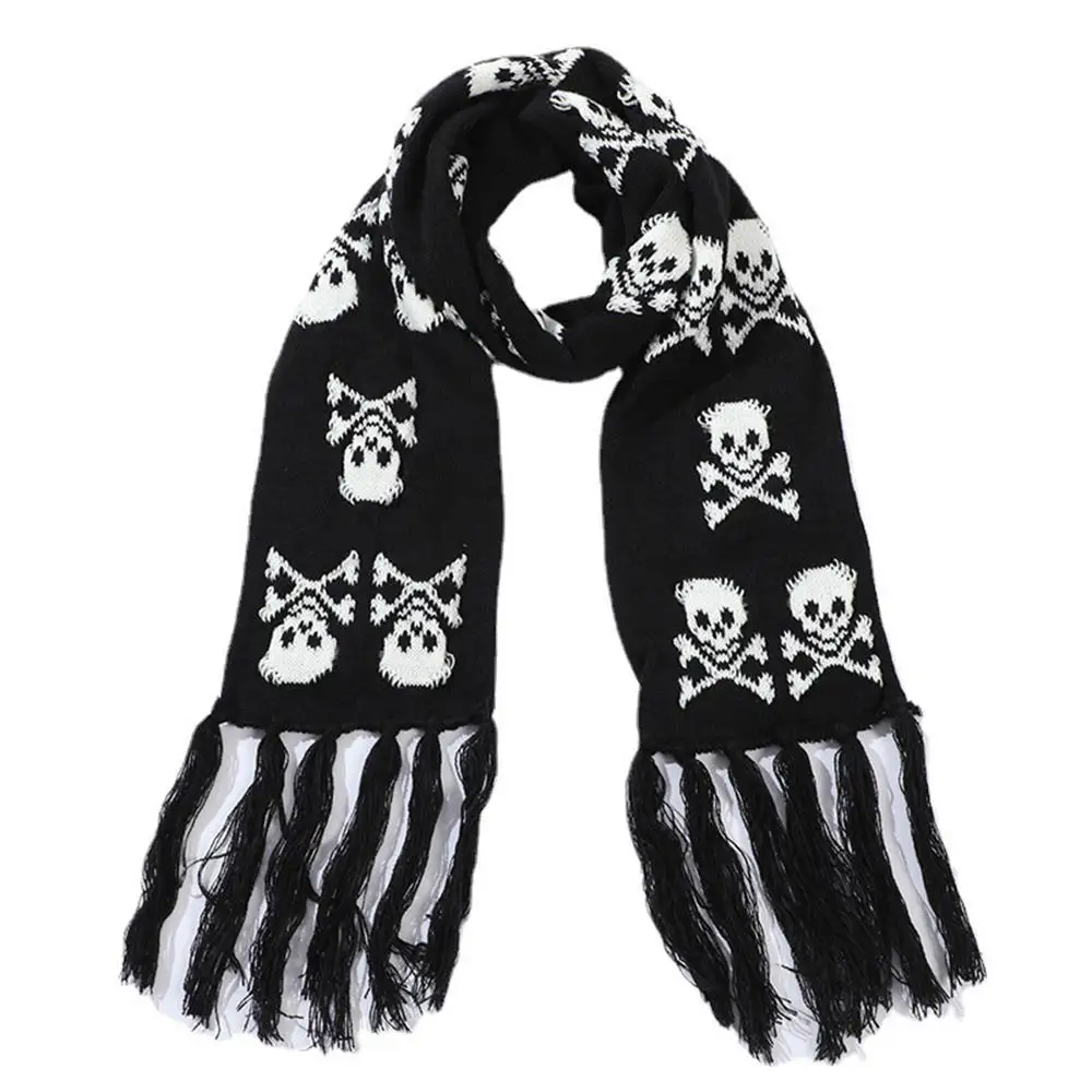 Winter Women Knitted Skull Scarf Luxury Female Skeleton Wrap with Fringes Men Punk Black Cycling Scarves Long Shawl Fashion Gift