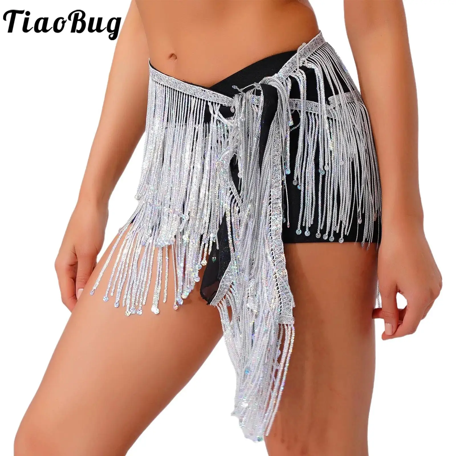 

Women Glittery Sequin Belly Dance Hip Scarf Shiny Tassel Fringe Lace-up Waist Chain Skirt for Folk Belly Dance Performance Wear