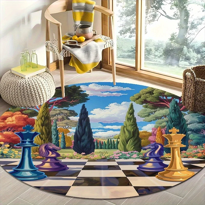 Chessboard Landscape Round Rug Flannel Fantasy Garden Chess Pieces King Queen Knight Decorative Floor Mat For Study Library Game