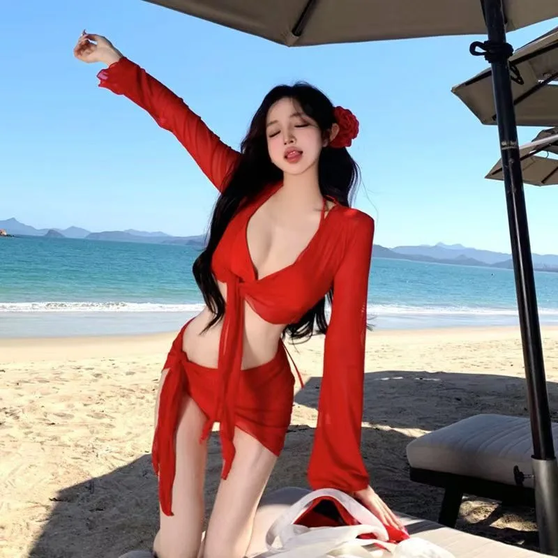 

2025 New Women's 4-Piece Bikini Set - Bold Red Skin-Tone Enhancing Elegant Sexy Split Long Sleeve Tummy-Control for Beach