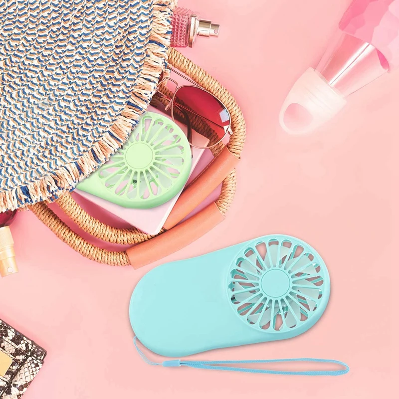 2 szt. Ręczny Mini wentylator regulowany przenośny wentylator wentylator ładowalny USB ze smyczą do chłodzenia podróżnego na zewnątrz, zielony i niebieski