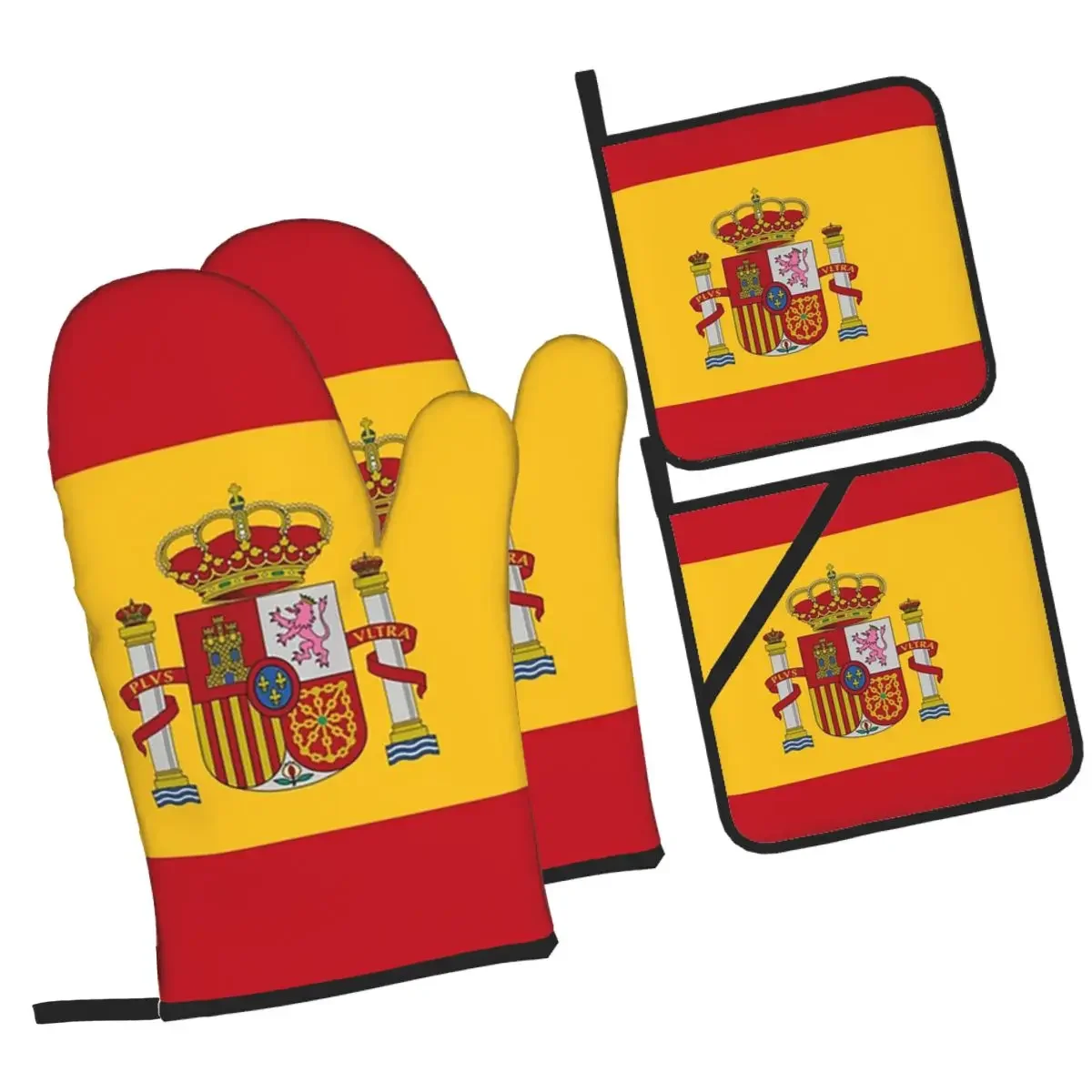 Bandera de España Manoplas para horno y soporte para ollas, juegos de 4 para hornear, cocina, barbacoa, guantes antideslizantes resistentes