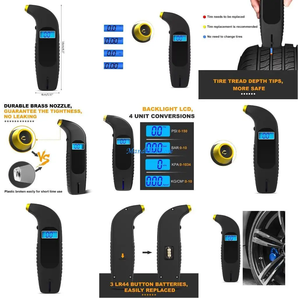

U2JC 2 in 1 Digital Tire Pressure Gauge with Depth Test 150PSI 4 Settings for Car Truck Bicycles BacklitLCD Non-Slip Grip