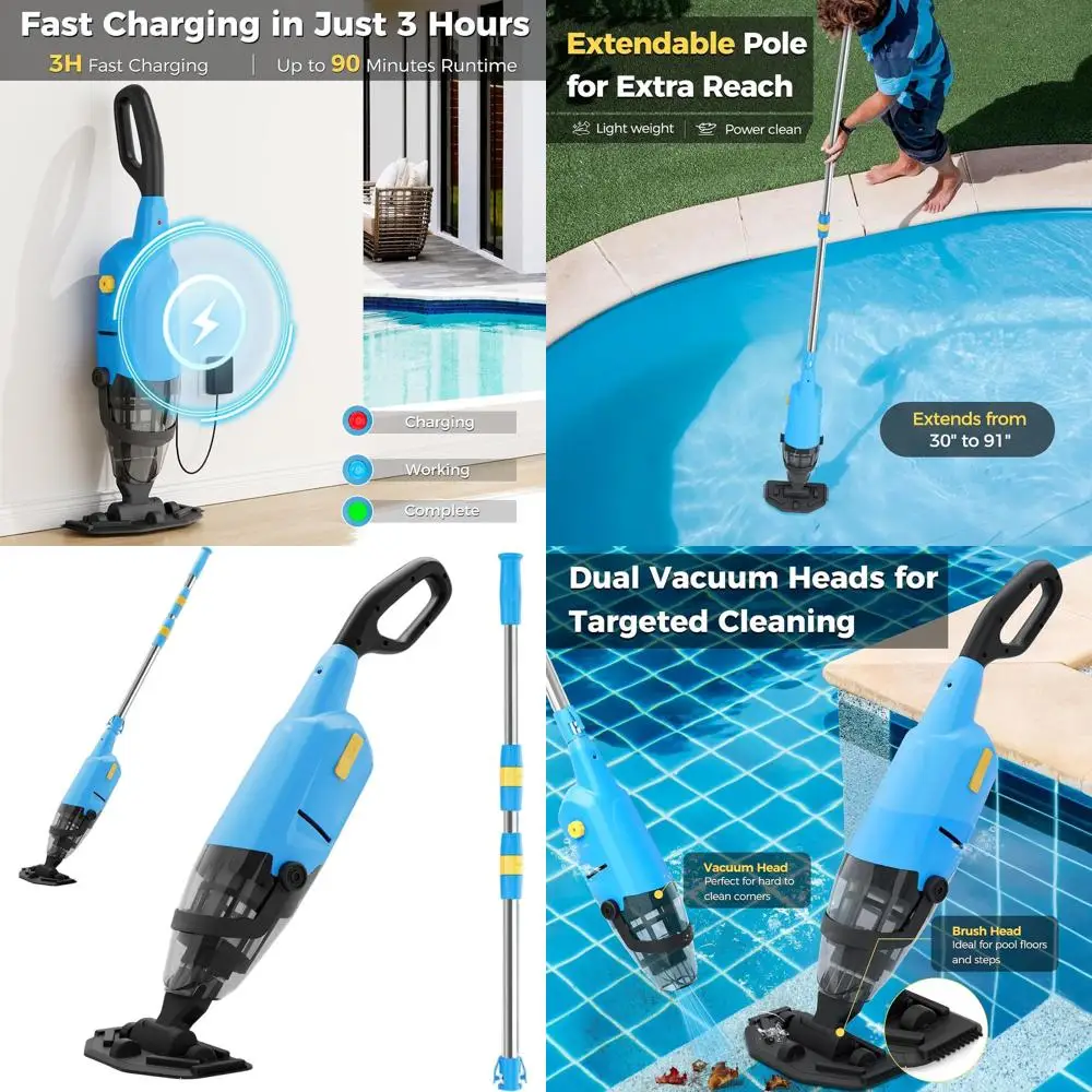 

Rechargeable Above Ground Pool Vacuum with 69 Extendable Pole, 20 GPM Suction, 90 Min Use
