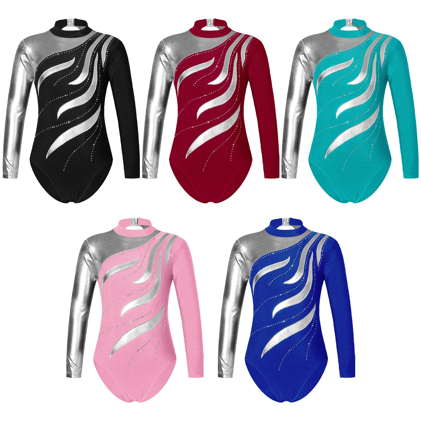 Kids Girls Ballet Dance Gymnastic Leotards Long Sleeve Cutout Back Bodysuit Skating Rhinestones Ballet Gym Performance Dancewear