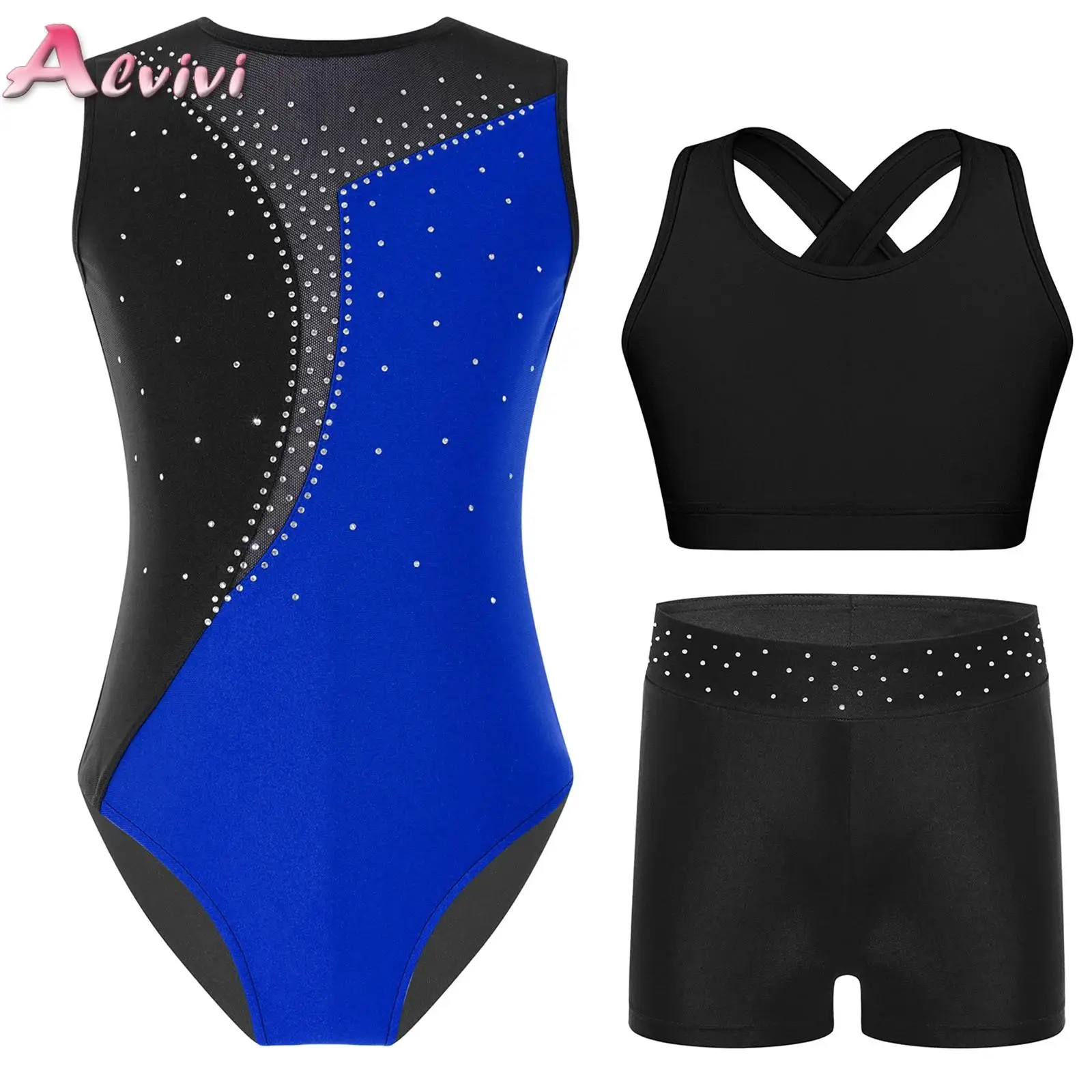 

Kids Girls Stylish Dance Clothes 3 Piece Sportswear Set Shiny Rhinestone Ballet Gymnastics Jersey Leotards Bra Top with Shorts