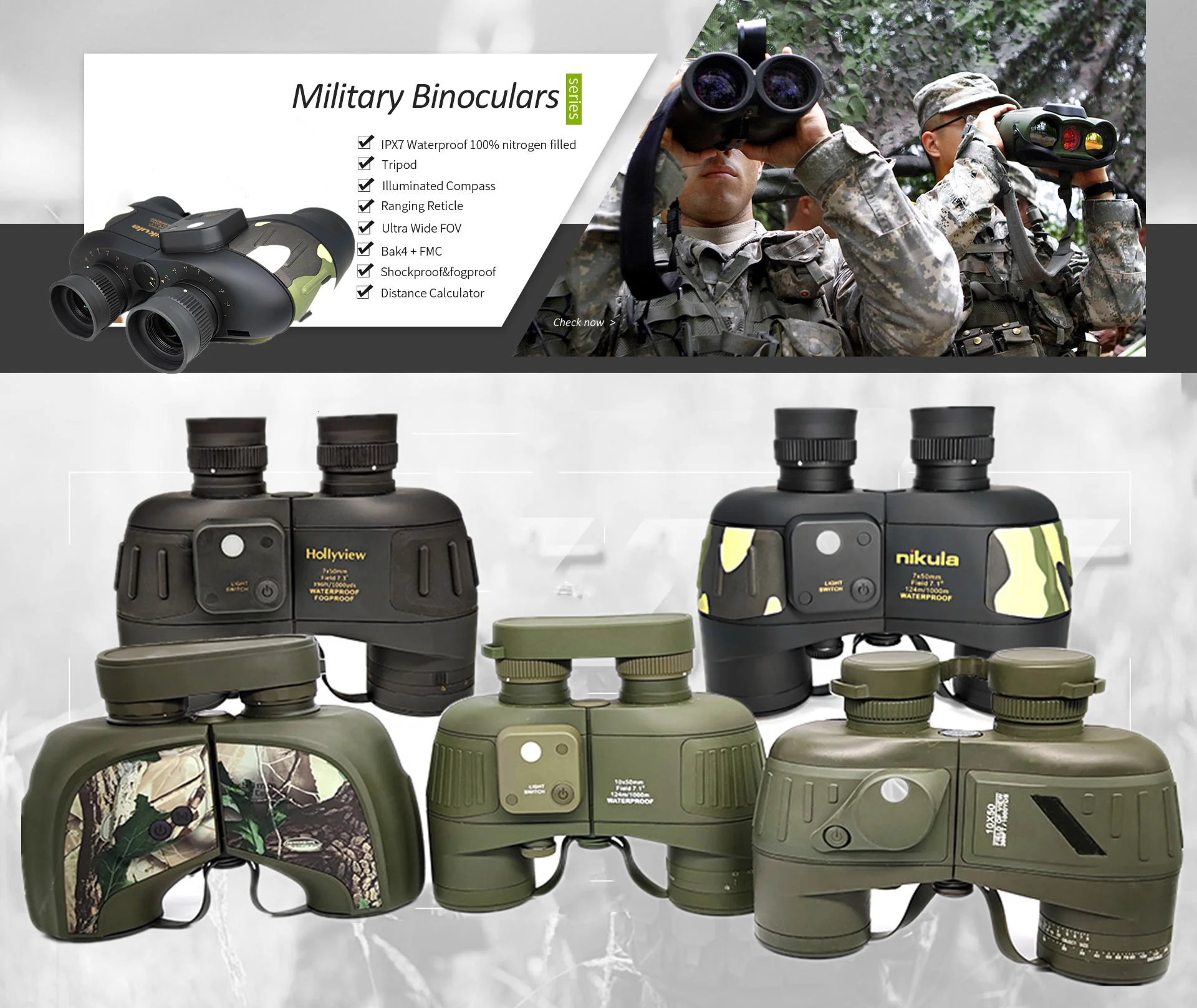 Camouflage 7x50 Adult Binocular with Rangefinder Compass Boating Military Marine Telescope