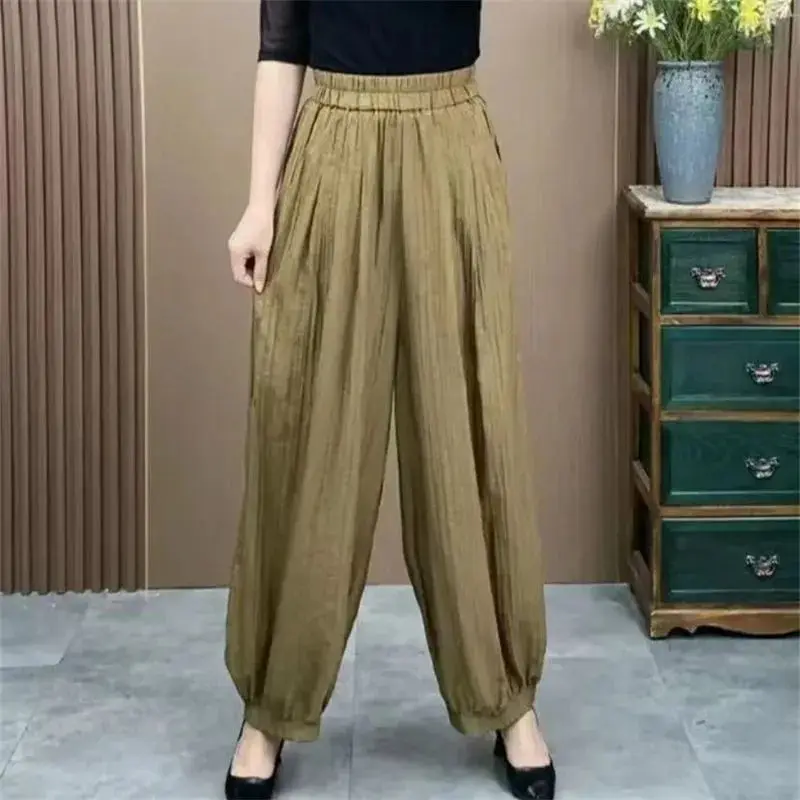 Women Summer Simplicity Loose Appear Thin Solid Color High Waist Bloomers Women Clothes Casual All-match Pleated Cotton Trousers