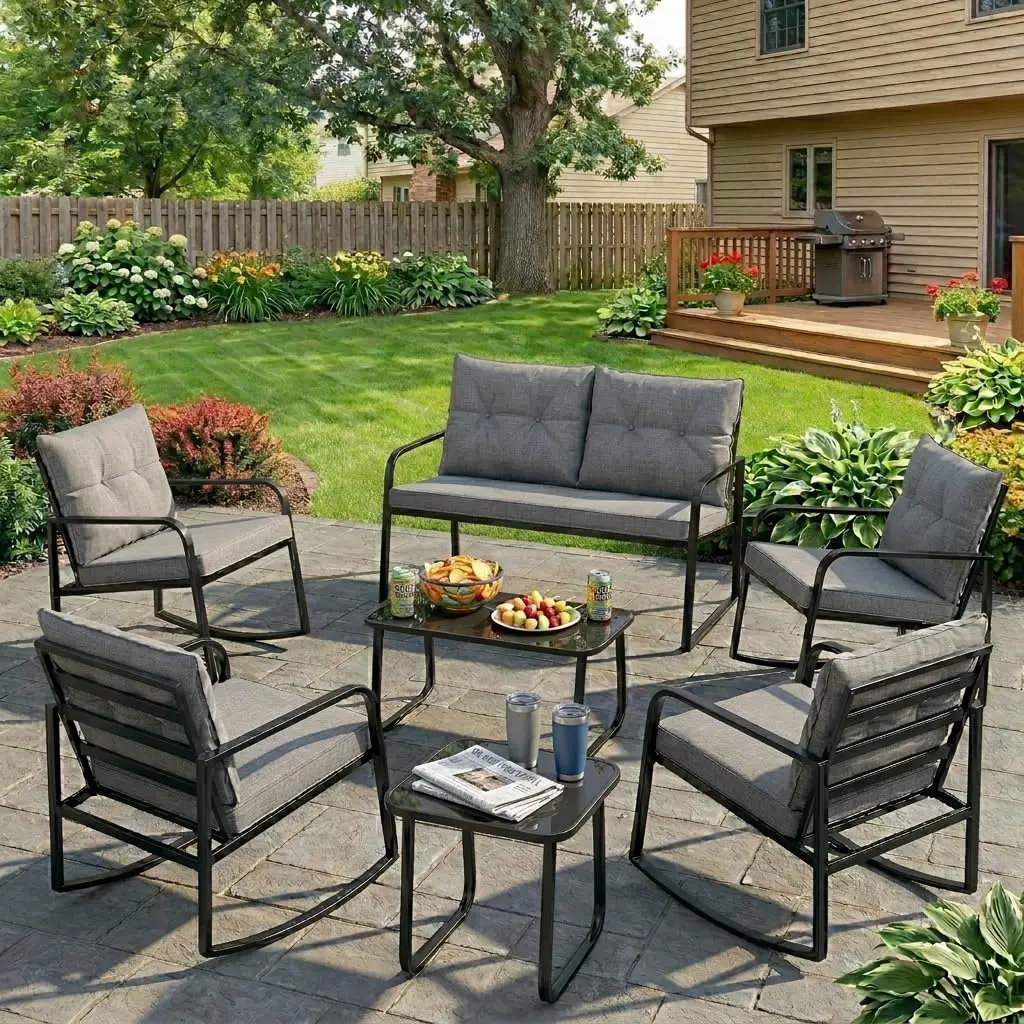 7 Piece Outdoor Patio Conversation Set with Grey Cushions, Customized