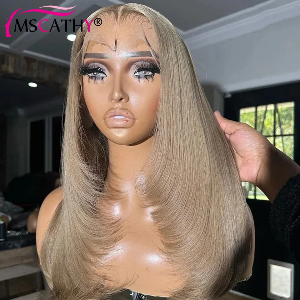 Ash Brwon Wig depan renda tanpa lem pirang Wig berlapis rambut manusia Virgin Brasil Wig siap pakai 99J hitam untuk wanita mulus