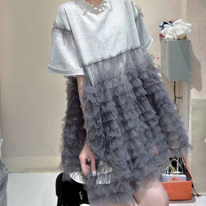 Zomer Luxe Vrouw Mesh Gesplitste Ruches T-shirts Gaas Geplooide Ruches Tee Jurk Korte Mouwen Garen Lotus Jumpers Tops Vestidos