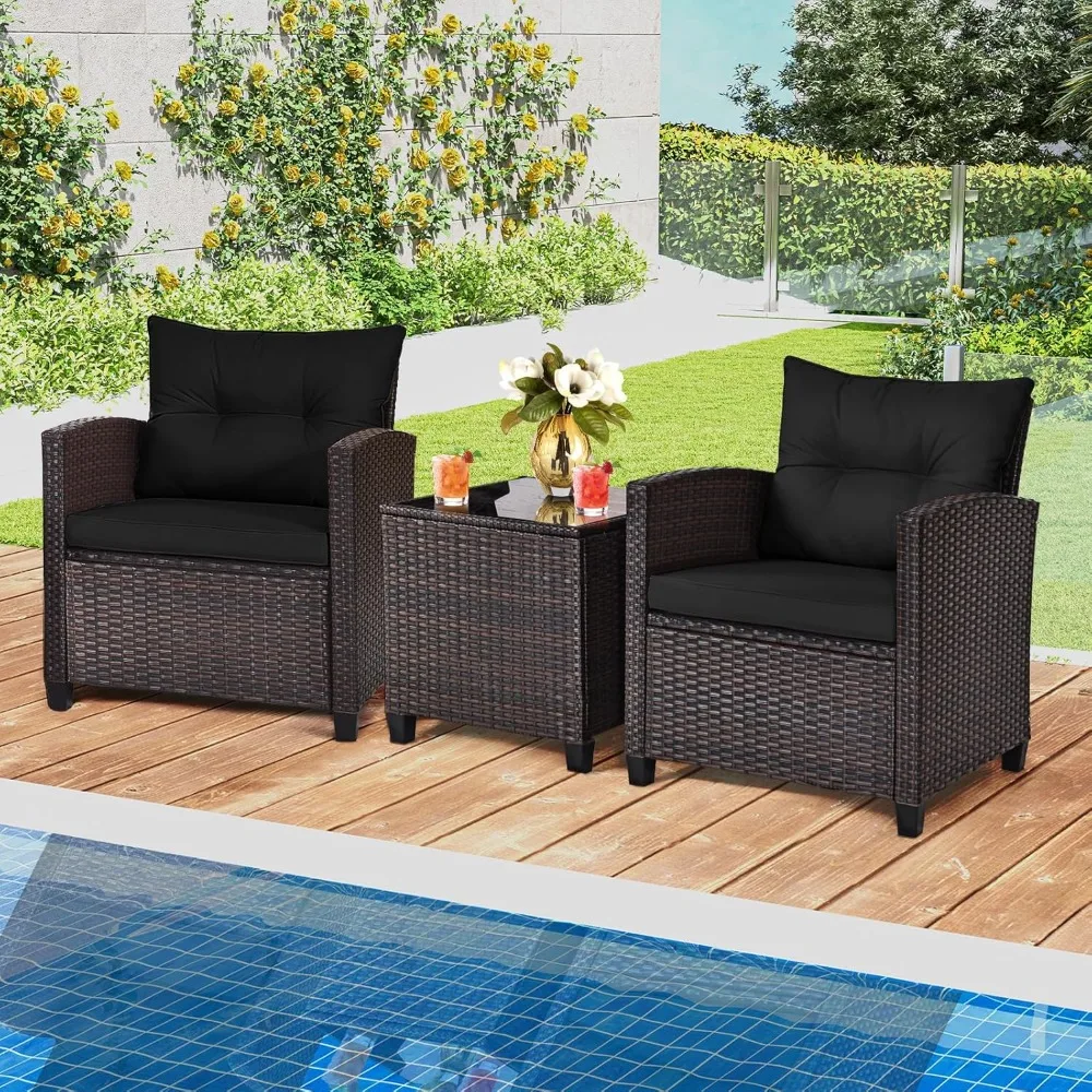 

3 Pieces Patio Furniture Set, Outdoor Wicker Conversation Set Rattan Chairs with Cushions, Glass Coffee Table, Bistro Set